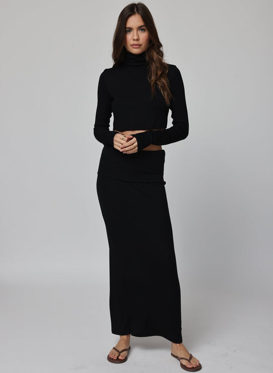 RIB FOLD DOWN MAXI SKIRT - BLACK