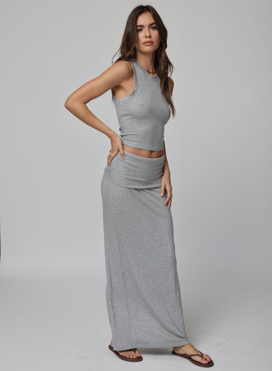 RIB FOLD DOWN MAXI SKIRT - HEATHER GREY