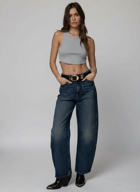 Rib Crop High Neck Tank - Heather Grey