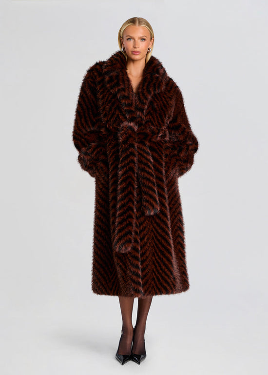 Shantel Faux Fur Coat - Mahogany Cheveron