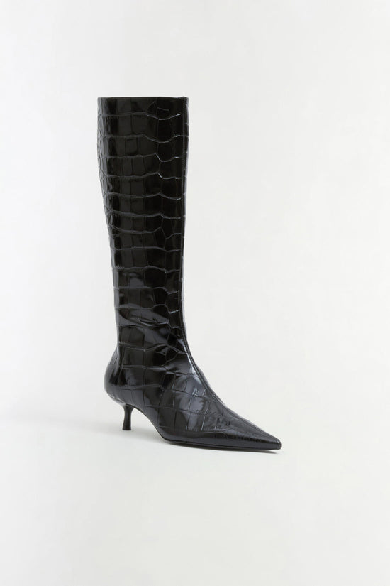 Janine Croc-Embossed Leather Knee High Boot - Black