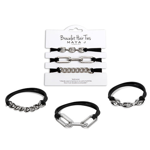 2-in-1 Bracelet Hair Tie Set - Black/Silver