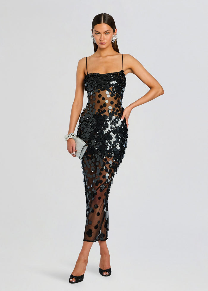 iridescent black dress Mischa Sequin size:10 Collection: Magic Press Design a dramatic high collar Black Slip Dresses |