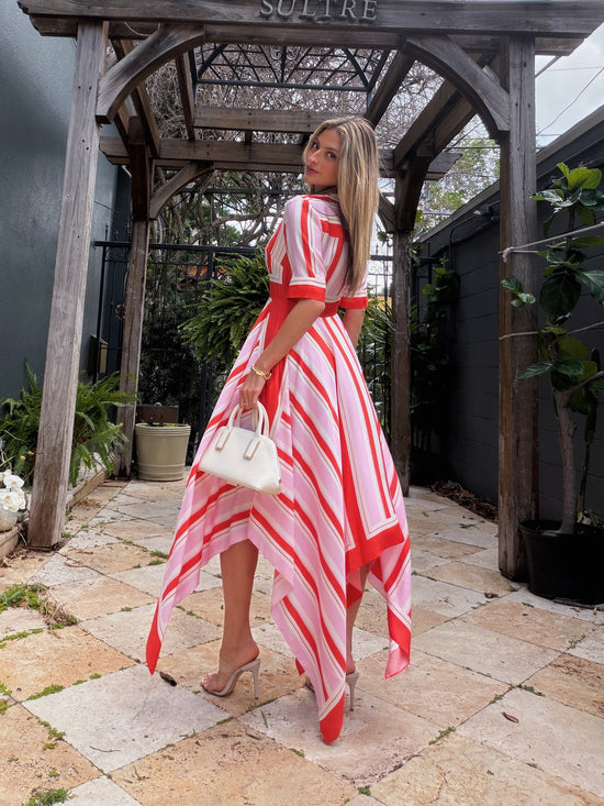 Abrielle Striped Handkerchief Midi Dress