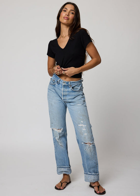 Rib V Neck Crop Baby Tee - Black