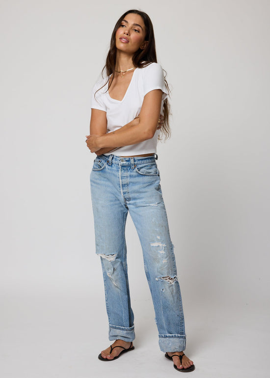 Rib V Neck Crop Baby Tee - White
