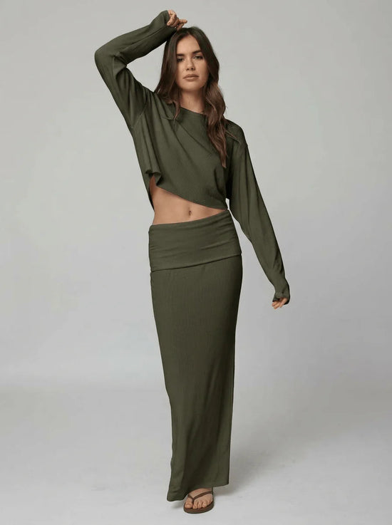 RIB FOLD DOWN MAXI SKIRT - OLIVE (PRE-SALE)