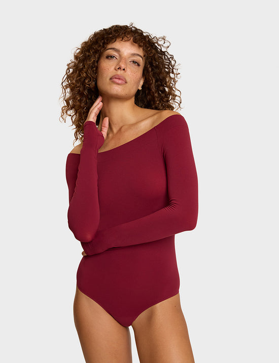 Ballet Off-Shoulder Bodysuit w/ Thumbholes - Ruby (PRE-SALE)