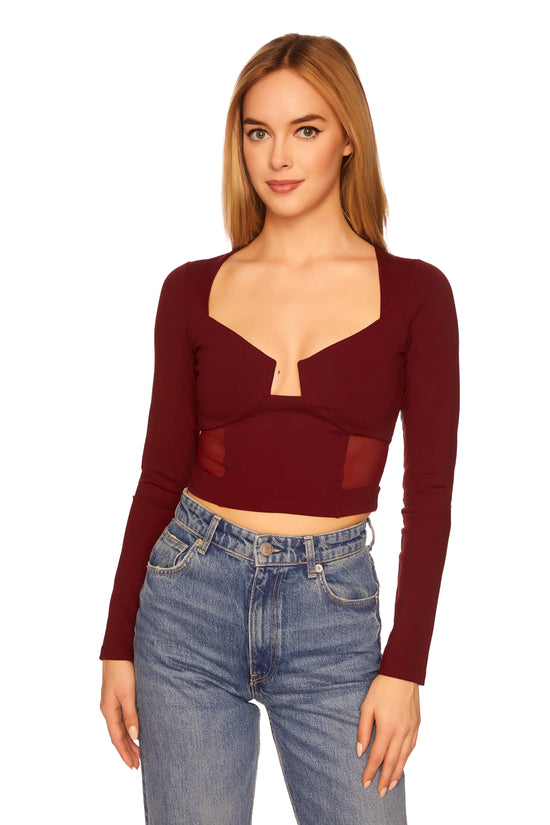 Mesh Angle Wire Long Sleeve Top - Oxblood