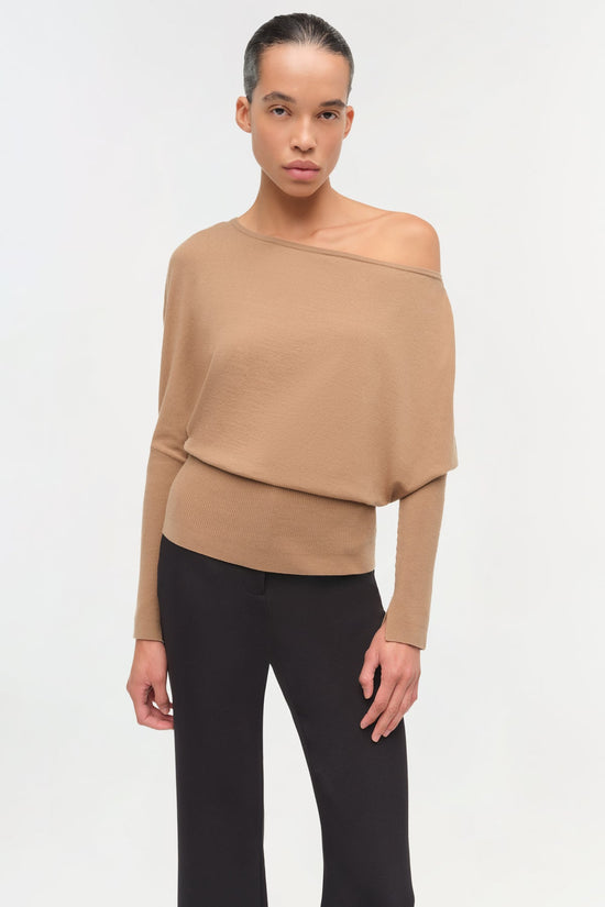 Lavina Draped Off Shoulder Sweater - Camel