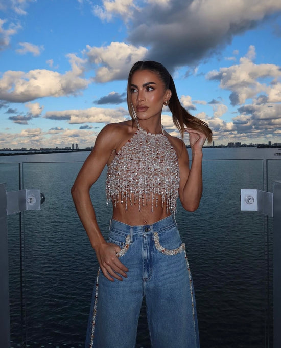Pearl Dust Embroidery Halterneck Top