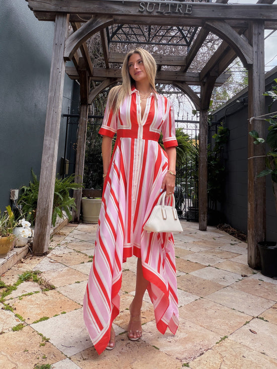 Abrielle Striped Handkerchief Midi Dress