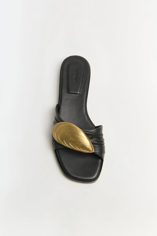 Gigi Oyster Leather Flat Slide - Black