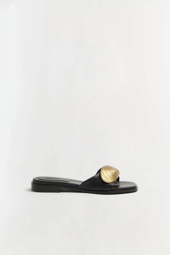 Gigi Oyster Leather Flat Slide - Black