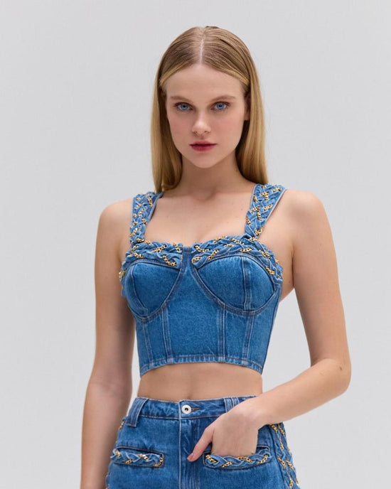 BRAIDED DENIM CROPPED TOP