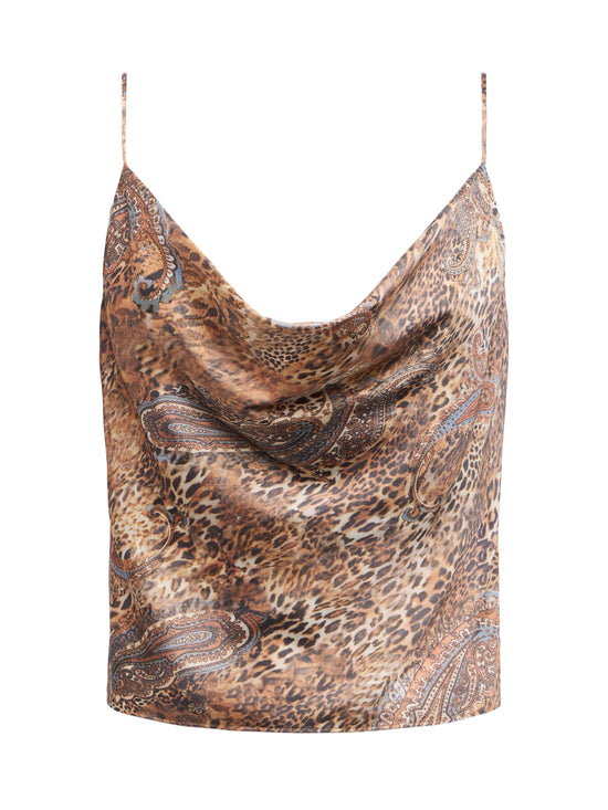 Calista Cowl Neck Cami - Brown/Blue Valencia Leopard