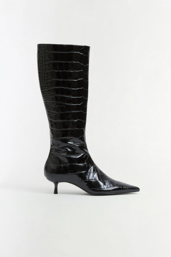 Janine Croc-Embossed Leather Knee High Boot - Black
