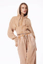 OSLO FRENCH TERRY PLEATED CROP HOODIE - SNOW WASH TAN