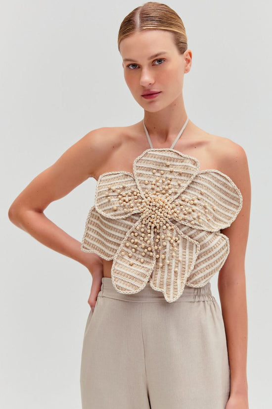 Candy Linen Hand-Beaded Flower Top