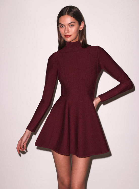 Long Sleeve Flared Corset Dress - Claret