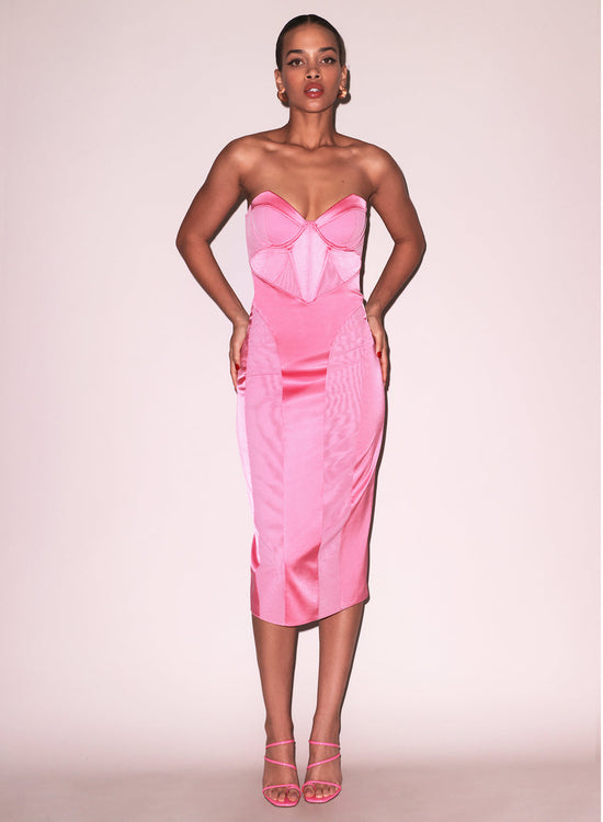 Satin and Mesh Bustier Midi Dress (PRE-SALE)