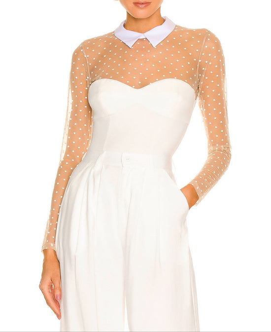 Collared Bodysuit with Dotted Tulle