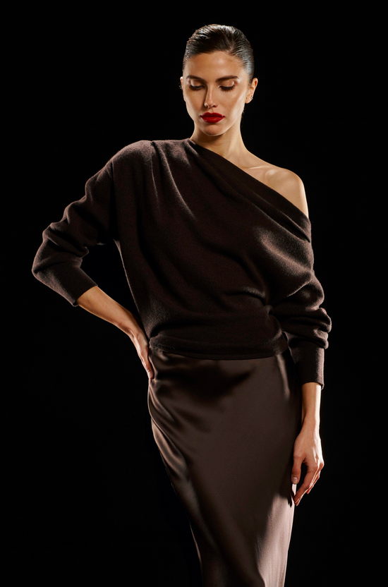 Long Sleeve Asymmetrical Draped Sweater - Cocoa