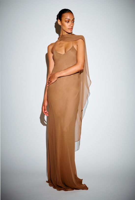 CAMI GOWN W/ SLIT AND CAPE - CHESTNUT  (PRE-SALE)