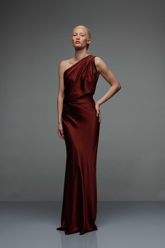 Draped One Shoulder Gown - Henna