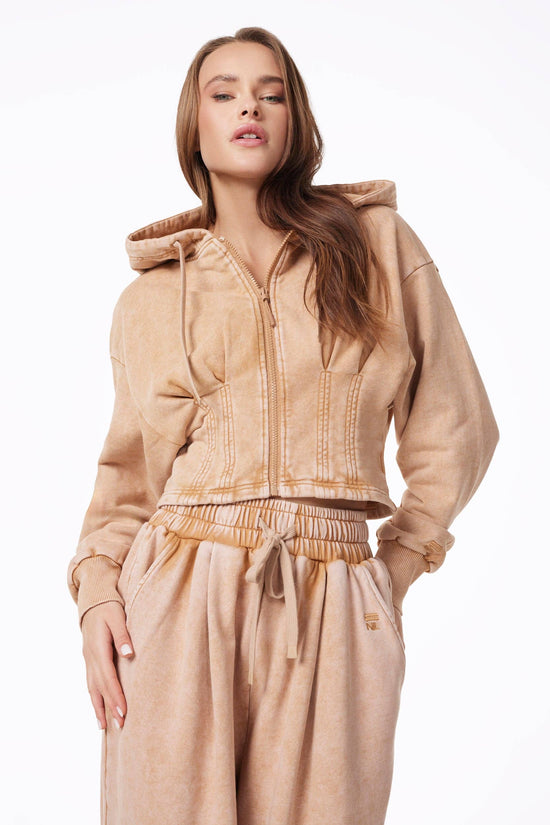 OSLO FRENCH TERRY PLEATED CROP HOODIE - SNOW WASH TAN