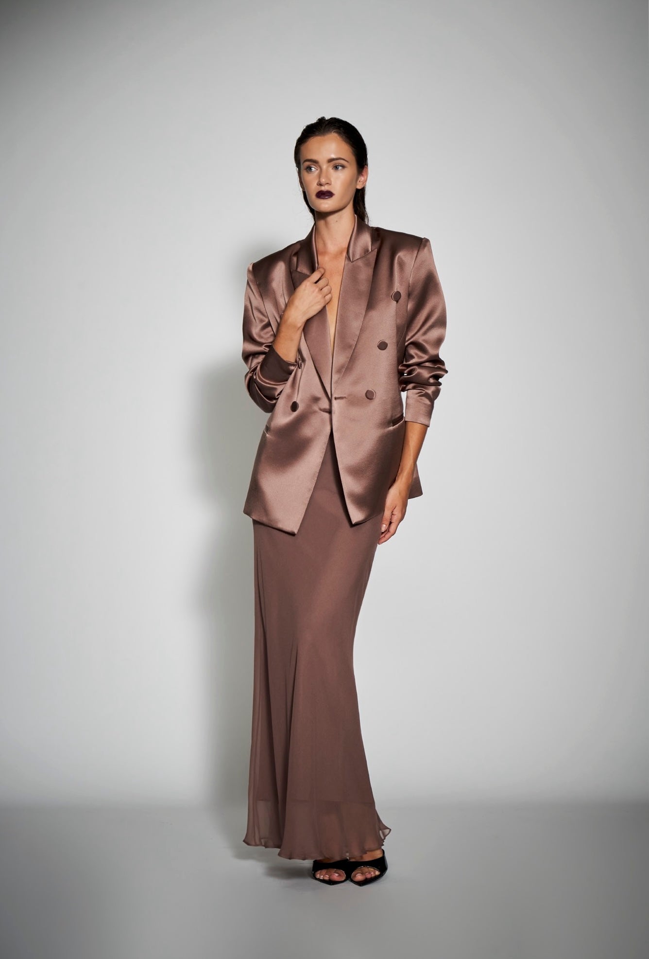 DOUBLE BREASTED SILK BLAZER - TRUFFLE – Sultre Boutique