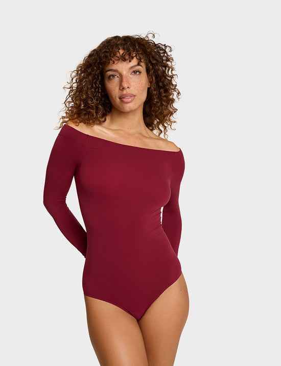 Ballet Off-Shoulder Bodysuit w/ Thumbholes - Ruby (PRE-SALE)