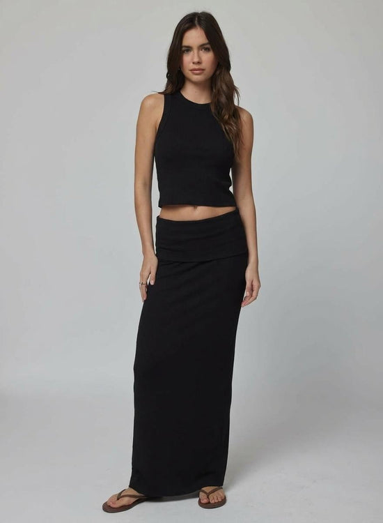 RIB FOLD DOWN MAXI SKIRT - BLACK